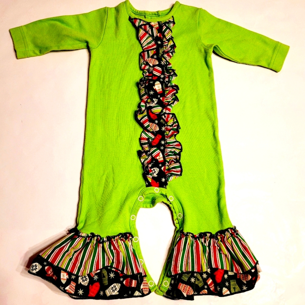 Ricrac Ruffles Lime Green Decor Centered Mitten Rumper Jumper Bubble Suit 12 mos